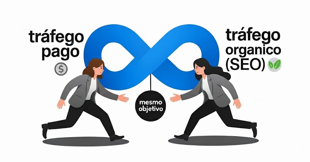 imagem simboliza através de um simbolo de infinito a relação entre tráfego pago e orgânico e como essas estratégias são complementares dentro do marketing digital.
